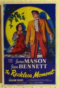7e741 RECKLESS MOMENT 1sh '49 James Mason with scared Joan Bennett, directed by Max Ophuls!