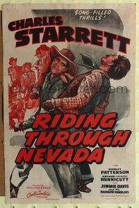 7e754 RIDING THROUGH NEVADA 1sh '42 cool art of cowboy Charles Starrett in a fistfight!