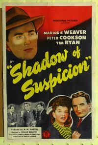 7e795 SHADOW OF SUSPICION 1sh '44 detective Peter Cookson frames himself to catch jewel thieves!
