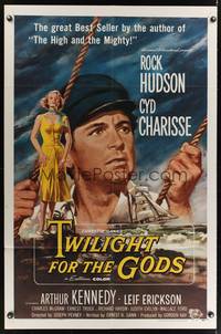 7e926 TWILIGHT FOR THE GODS 1sh '58 great artwork of Rock Hudson & sexy Cyd Charisse on beach!