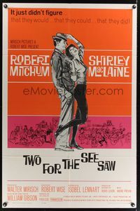 7e929 TWO FOR THE SEESAW 1sh '62 art of Robert Mitchum & sexy beatnik Shirley MacLaine!