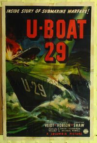 7e933 U-BOAT 29 1sh '39 Michael Powell & Emeric Pressburger, cool WWI submarine art!