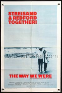 7e959 WAY WE WERE 1sh '73 Barbra Streisand & Robert Redford walk on the beach!