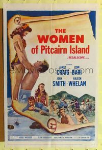 7e988 WOMEN OF PITCAIRN ISLAND 1sh '57 James Craig lifting sexy Lynn Bari, John Smith!