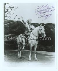 7f093 ROY ROGERS signed repro 8x10 still '70s great portrait riding on Trigger swinging lasso!