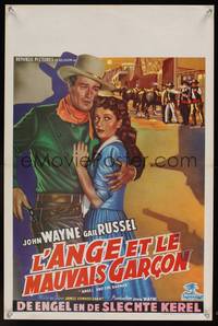 7g287 ANGEL & THE BADMAN Belgian '47 great artwork of cowboy John Wayne & sexy Gail Russell!