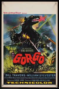 7g296 GORGO Belgian '61 great artwork of giant monster terrorizing city attacked by army!