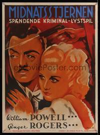 7g012 STAR OF MIDNIGHT Danish '35 incredible different c/u art of William Powell & Ginger Rogers!