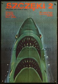 7g145 JAWS 2 Polish 26.5x38 '79 incredible different artwork of shark with two mouths by Lutczyn!