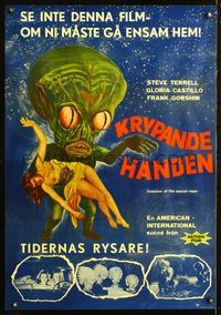7g027 INVASION OF THE SAUCER MEN Swedish '57 best art of cabbage head alien & sexy girl + photos!