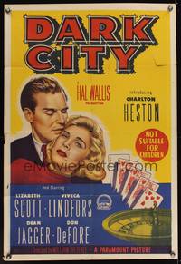 7h127 DARK CITY Aust 1sh '50 cool completely different art with royal flush & roulette wheel!