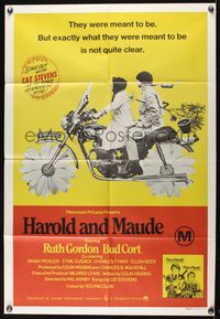 7h133 HAROLD & MAUDE Aust 1sh '71 great image of Ruth Gordon & Bud Cort on wackh motorcycle!
