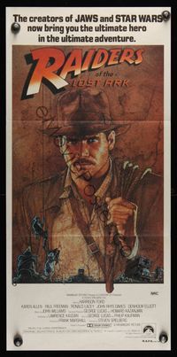7h161 RAIDERS OF THE LOST ARK Aust daybill '81 art of adventurer Harrison Ford by Richard Amsel!