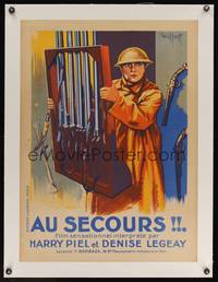 7h008 FACE A LA MORT linen French 23x32 '25 art by Gaillani of Harry Piel holding case of rifles!