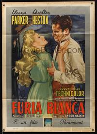 7h213 NAKED JUNGLE Italian 1p '54 completely different art of Charlton Heston & Eleanor Parker!
