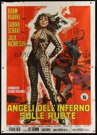 7h197 HELLS ANGELS ON WHEELS Italian 2p '68 different art of sexy Sabina Scharf in leopardskin!
