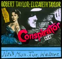 7j023 CONSPIRATOR glass slide '49 English spy Robert Taylor & sexy young Elizabeth Taylor!