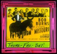 7j032 I'M FROM MISSOURI glass slide '39 wacky image of Bob Burns in tuxedo riding on donkey!