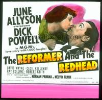 7j042 REFORMER & THE REDHEAD glass slide '50 June Allyson overpowers Dick Powell with 1000 laughs!