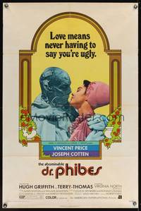 7k009 ABOMINABLE DR. PHIBES 1sh '71 Vincent Price says love means never having to say you're ugly!