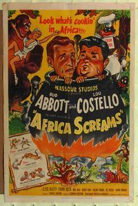 7k016 AFRICA SCREAMS 1sh '49 wacky art of Bud Abbott riding Lou Costello cooking in cauldron!