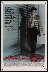 7k027 AMERICAN GIGOLO 1sh '80 handsomest male prostitute Richard Gere is being framed for murder!