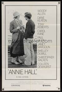 7k040 ANNIE HALL revised 1sh '77 full-length Woody Allen & Diane Keaton, a nervous romance!