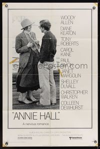 7k039 ANNIE HALL 1sh '77 full-length Woody Allen & Diane Keaton, a nervous romance!