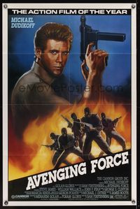 7k052 AVENGING FORCE 1sh '86 art of Michael Dudikoff w/machine gun, THE action film!