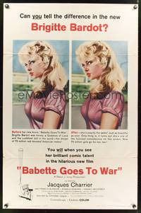 7k054 BABETTE GOES TO WAR 1sh '60 super sexy artwork of soldier Brigitte Bardot!