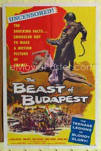 7k065 BEAST OF BUDAPEST 1sh '58 wild artwork of Russian soldier standing over sexy woman!