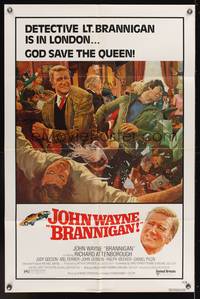 7k096 BRANNIGAN 1sh '75 Douglas Hickox, great art of fighting John Wayne in England!