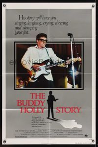 7k105 BUDDY HOLLY STORY 1sh '78 great image of Gary Busey performing on stage with guitar!