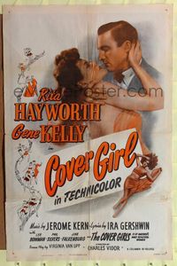 7k145 COVER GIRL 1sh R49 close up of sexiest Rita Hayworth about to kiss Gene Kelly!