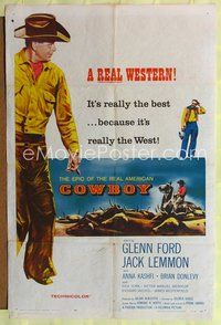 7k146 COWBOY 1sh '58 Glenn Ford & Jack Lemmon in a western movie that has no corn or cliches!