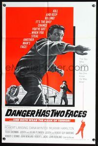 7k153 DANGER HAS TWO FACES 1sh '67 Robert Lansing, Dana Wynter, spy that stole another man's face!