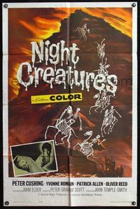 7k521 NIGHT CREATURES 1sh '62 Hammer, great horror art of skeletons riding skeleton horses!