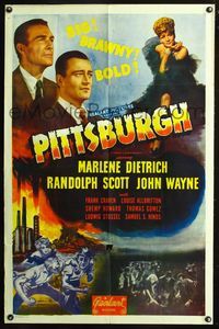 7k568 PITTSBURGH 1sh R48 John Wayne, Marlene Dietrich, Randolph Scott, big, brawny, bold!
