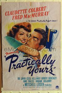 7k574 PRACTICALLY YOURS style A 1sh '44 art of Claudette Colbert hugging Air Force pilot MacMurray!