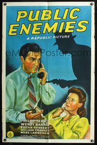 7k581 PUBLIC ENEMIES 1sh '41 cool art of Phillip Terry, Wendy Barrie & silhouette with gun!