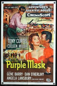 7k582 PURPLE MASK style A 1sh '55 masked avenger Tony Curtis w/pretty Colleen Miller!
