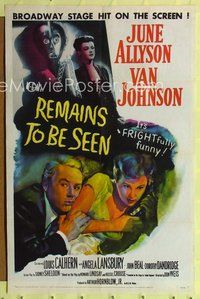 7k599 REMAINS TO BE SEEN 1sh '53 Van Johnson, June Allyson, Angela Lansbury by creepy statue!