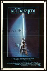 7k603 RETURN OF THE JEDI 1sh '83 George Lucas classic, great artwork of hands holding lightsaber!