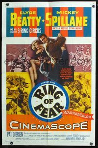 7k609 RING OF FEAR 1sh '54 Clyde Beatty and his gigantic 3-ring circus + Mickey Spillane!