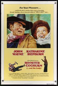 7k621 ROOSTER COGBURN int'l 1sh '75 great art of John Wayne with eyepatch & Katharine Hepburn!