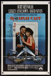 7k622 ROUGH CUT 1sh '80 Don Siegel, Burt Reynolds, sexy Lesley-Anne Down, playing card art!