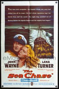 7k633 SEA CHASE 1sh '55 great seafaring artwork of John Wayne & Lana Turner + ship!