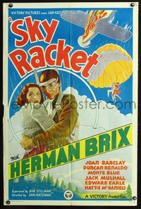 7k672 SKY RACKET 1sh '37 Herman Brix, Joan Barclay, cool aviation & parachute art!