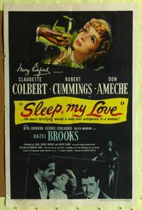 7k675 SLEEP MY LOVE 1sh '47 art of Claudette Colbert + with Robert Cummings & Don Ameche!
