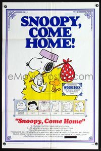 7k682 SNOOPY COME HOME 1sh '72 Peanuts, Charlie Brown, great Schulz art of Snoopy & Woodstock!